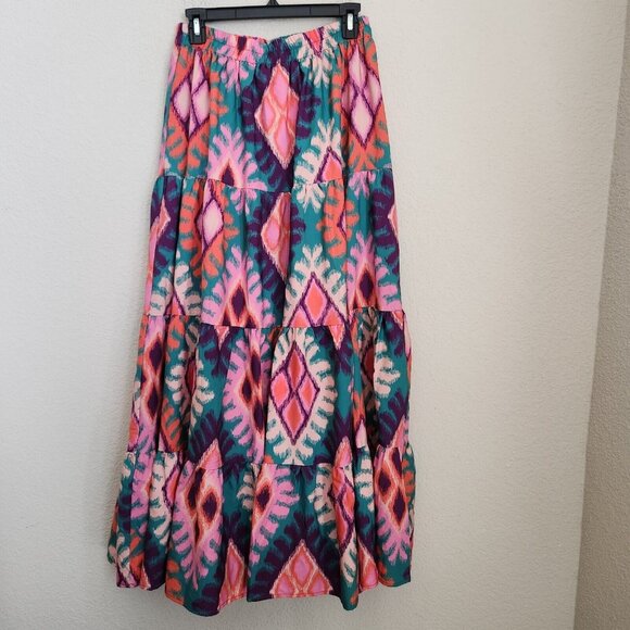 SSYS Tiered Maxi Skirt M‎ Ikat Sadie Boho Hippie Patchwork Cottage Pull on Lined - Picture 6 of 13